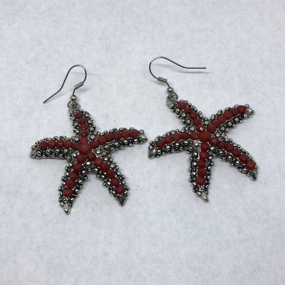 Antique silver tone starfish rhinestone faux coral earrings statement boho beach - Picture 2 of 3